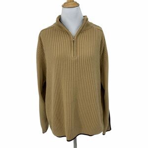 De Coded Sweater Women's Size L Tan Arm Stripe Heavy Ribbed 1/4 Zip Acrylic Top